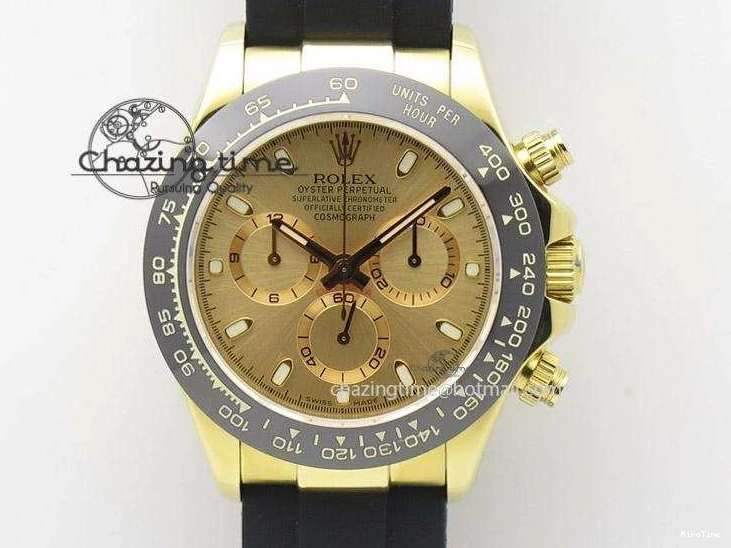 MiroTime 0403 Stylish Daytona YG BP Maker Gold Dial Sticks Markers On Rubber Strap A7750@ 4012